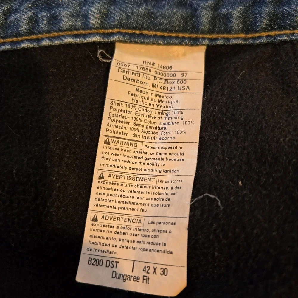 Carhartt B200 DST Fleece Lined Carpenters Pants Dungaree Fit‎ Denim 42x30 Jeans